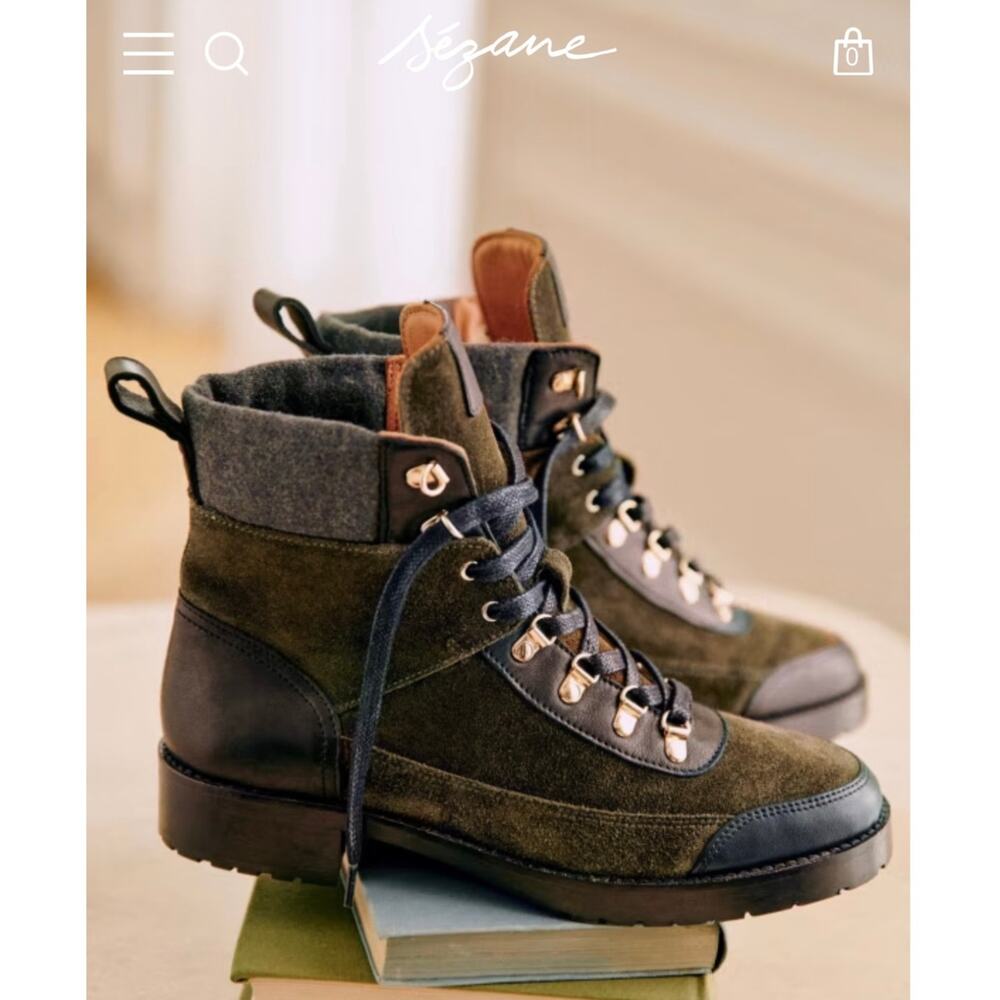 SEZANE Robyn Lace-Up Ankle Boots US 9 Multicoloured / Khaki Suede Black Leather